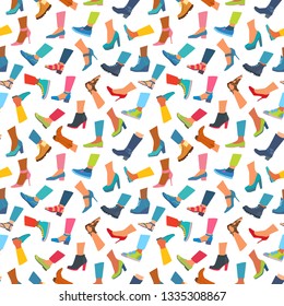Seamless pattern. Icons of different shoes with feet. Sneakers, loafers, ballet shoes, cowboy boots, sports, with and without heels. Vector flat style illustration isolated on white background.
