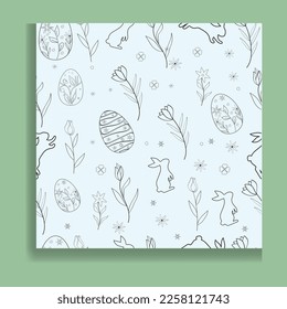 Seamless pattern icons with Easter eggs, flowers, bunnies, and butterflies, vector design.