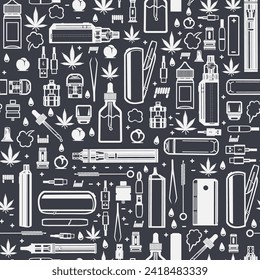 Patrón sin inconvenientes de iconos de cigarrillos electrónicos y accesorios. Antecedentes de la tienda de uvas. Ilustración vectorial. Vape, líquido, íconos de hoja de cannabis. Siluetas blancas de fondo oscuro. Vector.