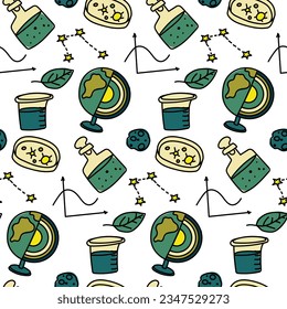 Patrón sin inconvenientes con íconos en el campo de la ciencia química, biología, física, laboratorios que muestran diversos experimentos, vidrios, placa de Petri, globo, estrellas