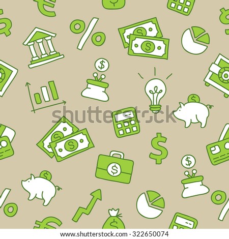 Seamless pattern of the icons of Finance on a gray background. Vector.