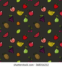 Seamless pattern of icons with fruits. Vector illustration. Hand drawing on a graphic tablet.On a black background.