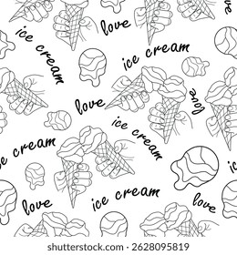 seamless pattern with icons of human hands holding cones with melting ice cream, ice cream scoops and text in line art style