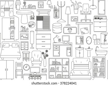 Seamless pattern with icons for Interior. Thin line in black and white colors. Vector illustration.