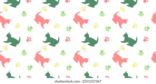 Seamless pattern with icons of kittens and paw prints on a white background. Vector graphics