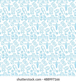 Seamless pattern with icons of medical items. Vector illustration.