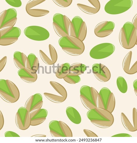 seamless pattern with icons of nuts namely roasted green pistachio in shell, brown shell and green kernel, vector