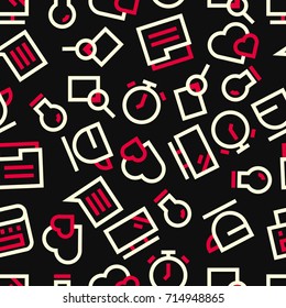 A seamless pattern of icons on a dark background. Vector image.