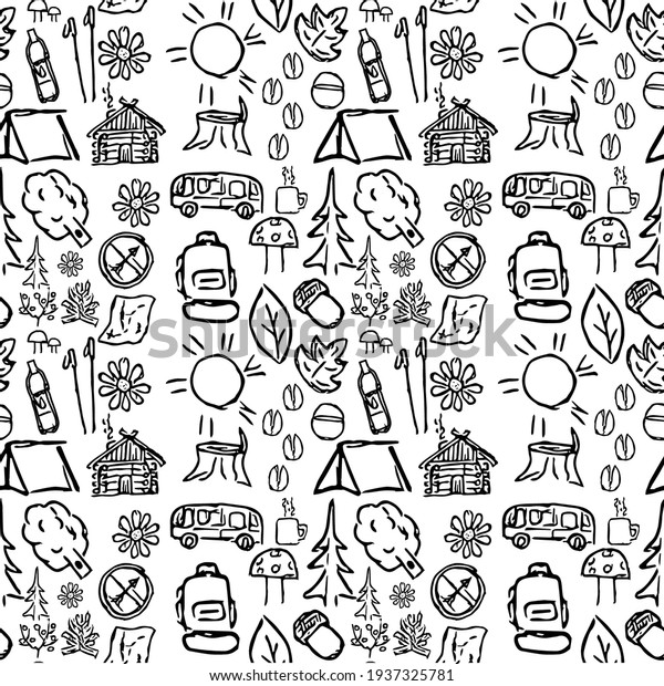seamless pattern with icons on the theme of travel\
and hiking. Doodle vector with travel and hiking icons on white\
background.Vintage travel\
icons