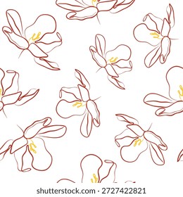 padrão perfeito com ícones de um botão de tulipa aberto em estilo monolínico na cor vermelha, para cartões de saudação e convites
