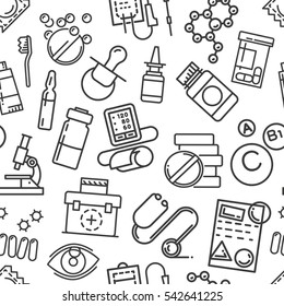 Seamless pattern of icons in outline line art style. Medical care, health and hygiene concept. Outline simple black texture for wallpaper websites, decorating for cards and banners. Vector contour.