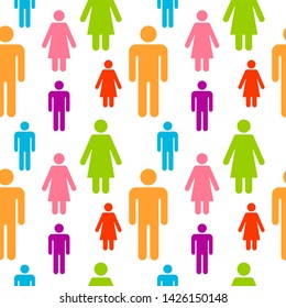 Seamless pattern with icons of people figure. Color silhouettes of persons. Abstract illustration with concept of team, humanity, multicultural society. Vector illustration on white background