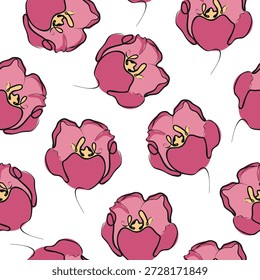 seamless pattern with icons of pink flower bud in sketch style with different outlines and color spots behind, for logos and branding elements