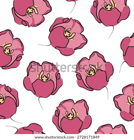 seamless pattern with icons of pink flower bud in sketch style with different outlines and color spots behind, for logos and branding elements