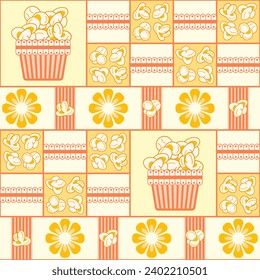 Seamless pattern with icons of popcorn, popcorn container, corn grains on square grid background. For branding, decoration of food package, decorative print