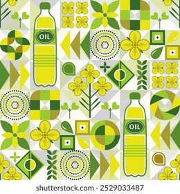 Padrão contínuo com ícones de colza, óleo de colza, grande garrafa de óleo, formas geométricas abstratas no fundo do mosaico. Para marca, decoração de embalagens de alimentos, impressões decorativas para cozinha