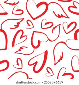 seamless pattern with icons of red hearts with cupid's wings in line art style and various hearts for valentine's day