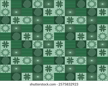 A seamless pattern of icons related to school, business, technology, and finance on a green background
