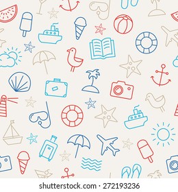 Seamless pattern with icons representing summer, sea and relaxing on the beach. Can be used as a wallpaper - both in print or web.