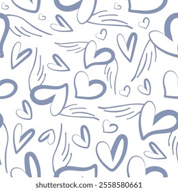 seamless pattern with icons of round blue hearts with fairy wings in the background line art and various hearts