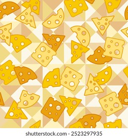 Patrón sin fisuras con iconos de queso en rodajas. Piezas de queso holey sobre fondo de mosaico de color pastel. Estilo plano y simple. Objetos dispersos aleatorios. Para branding, envases de alimentos, impresiones