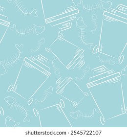 seamless pattern of icons of a small rectangular street trash can and a fishbone drawn in line art style on blue background, to fight against environmental pollution day
