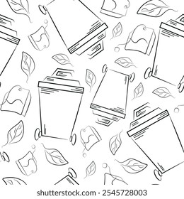 seamless pattern of icons of a small rectangular street dustbin and a tea bag drawn in line art style, to fight against environmental pollution day