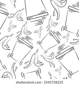 seamless pattern of icons of a small rectangular street trash can and banana skins drawn in line art style, to fight against environmental pollution day