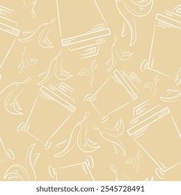 seamless pattern of icons of a small rectangular street trash can and banana skins on a yellow background drawn in line art style, to fight against environmental pollution day