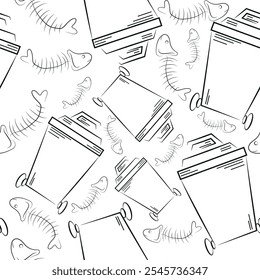 seamless pattern of icons of a small rectangular street trash can and a fishbone drawn in line art style, to fight against environmental pollution day
