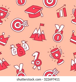Seamless pattern of the icons of success on light pink background, painted by hand. Vector.