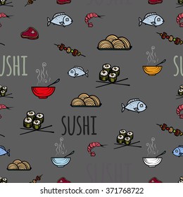 Seamless pattern of icons with sushi .Vector illustration. Hand drawing on a graphic tablet.