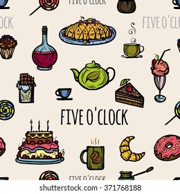 Seamless pattern of icons with sweets. Vector illustration. Hand drawing on a graphic tablet. On a white background.