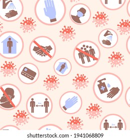 Seamless pattern of icons that prevent coronavirus. Safety precautions and warning signs to be healthy. Flat design print. Background with icons in beige brown. Vector.