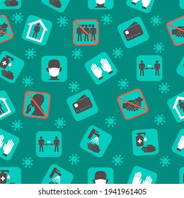 Seamless pattern of icons that prevent coronavirus covid 19. Safety precautions, warning signs and hygiene to be healthy. Flat design print. Background with icons in green. Vector.