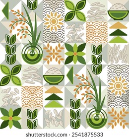 Seamless pattern with icons of traditional White Rice, traditional asian outline ornament, geometric shapes on white mosaic background. For branding, decoration of food package, prints
