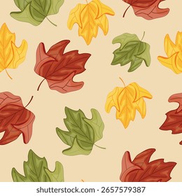 nahtloses Muster von Ikonen von ungefalteten farbigen Laubblättern, nämlich Ahornbaum auf braunem Hintergrund, für Herbsttextilien, Verpackungen oder Karten