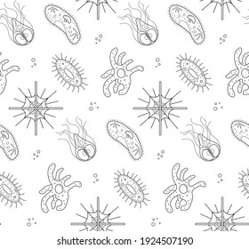 Seamless pattern with icons of unicellular animals and bacteria.