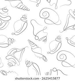 seamless pattern of icons of various shells, mollusks and shells drawn with several lines in line art style, for various marine designs and company logos
