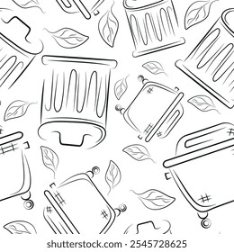 seamless pattern of icons of various street garbage cans drawn in line art style, to fight against environmental pollution day