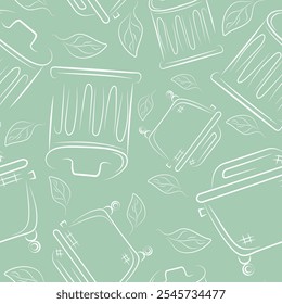 seamless pattern of icons of various street garbage cans on a green background drawn in line art style, to fight against environmental pollution day