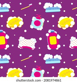 Seamless pattern with icons of washcloths, soap, shampoo and toothbrush. Pattern for bathroom design, layouts, banners, wallpaper, background, packaging, patterns, textiles, fabrics