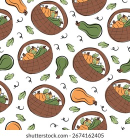 seamless pattern with icons of wicker basket with pumpkins of various shapes with sketch style leaves and colored spots behind, for autumn designs, packaging or textiles