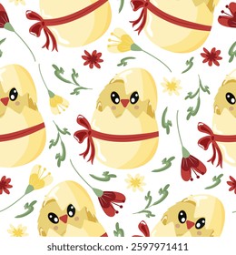 seamless pattern with icons of a yellow chicken sitting in a yellow egg with a bow and colorful flowers, design for Easter decorations