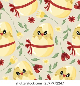 seamless pattern with icons of a yellow chicken sitting in a yellow egg with a bow and colorful flowers on a yellow background, design for Easter decorations