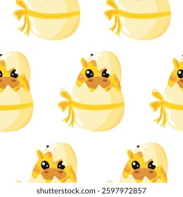 seamless pattern with icons of a yellow giraffe sitting in a yellow egg with a bow, design for Easter decorations