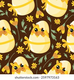 seamless pattern with icons of a yellow giraffe sitting in a yellow egg with a bow with colorful flowers on a brown background, design for Easter decorations