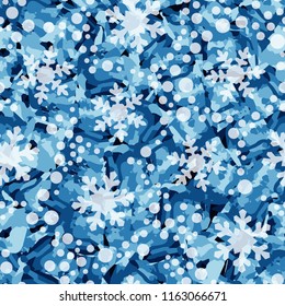 Seamless pattern. Icy mishmash. Winter colors. Snowflakes of different sizes.