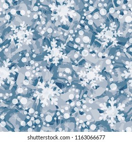 Seamless pattern. Icy mishmash. Winter colors. Snowflakes of different sizes.