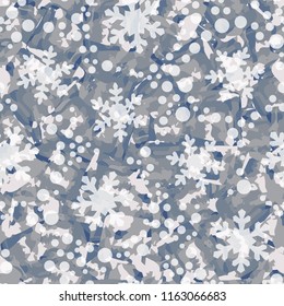 Seamless pattern. Icy mishmash. Winter colors. Snowflakes of different sizes.